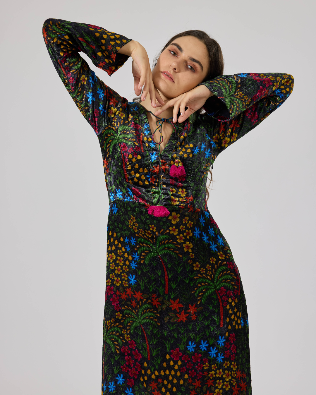 FIONA VELVET LONG SL DRESS FLORIDO