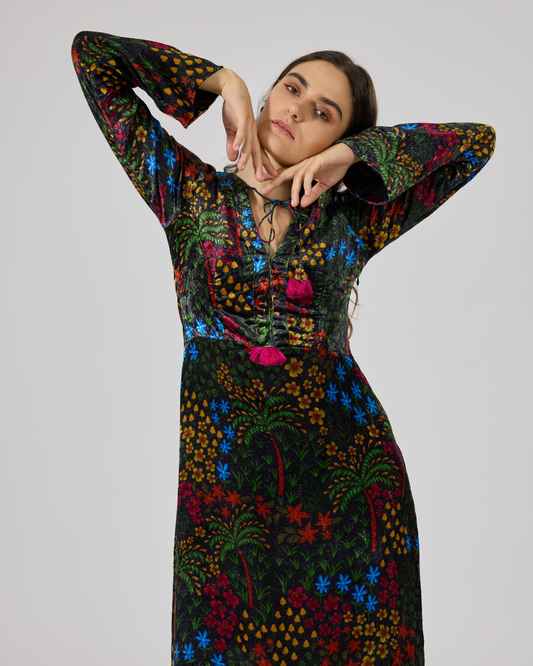 FIONA VELVET LONG SL DRESS FLORIDO