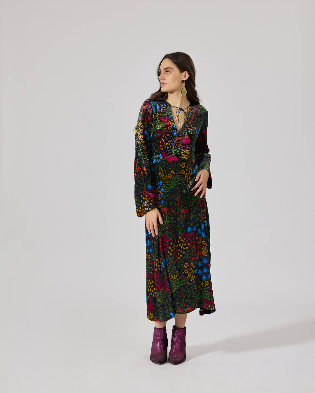 FIONA VELVET LONG SL DRESS FLORIDO