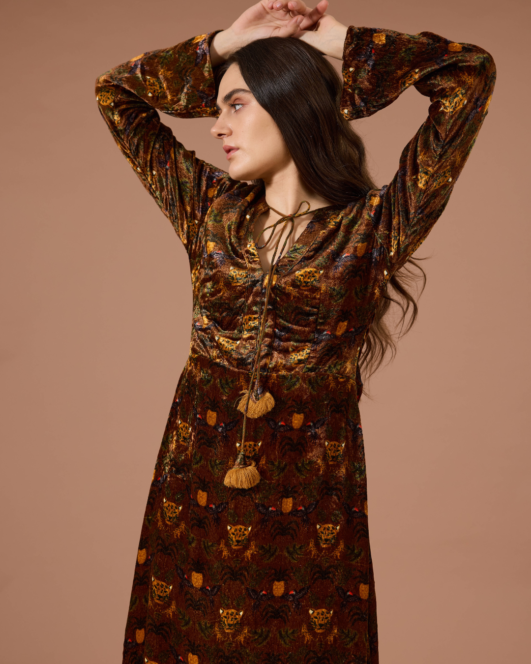 FIONA VELVET LONG SL DRESS BRO TROPICAL