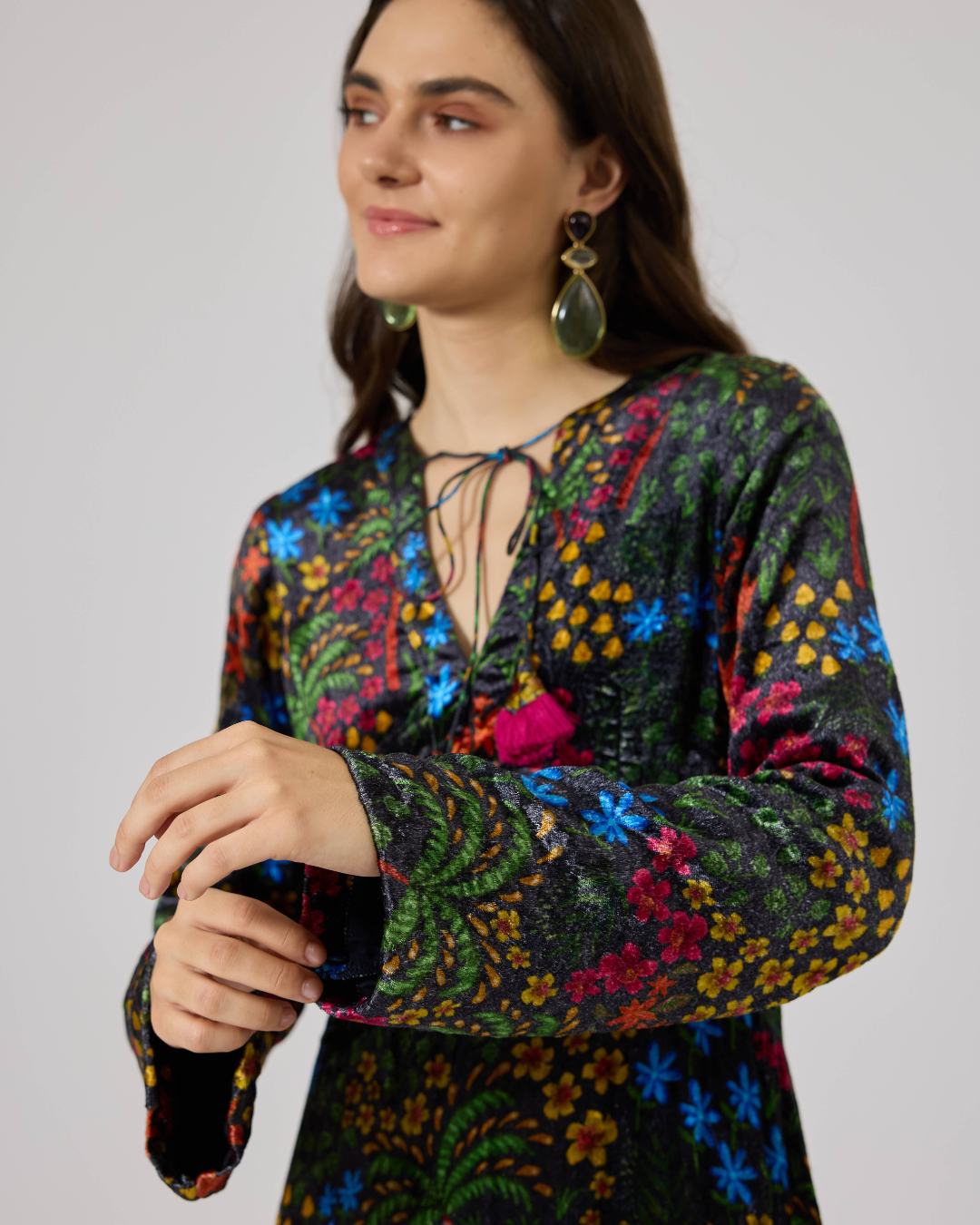 FIONA VELVET LONG SL DRESS FLORIDO