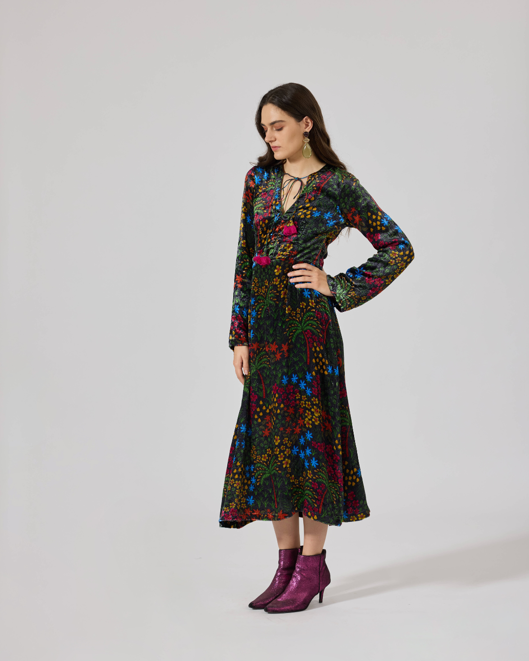 FIONA VELVET LONG SL DRESS FLORIDO