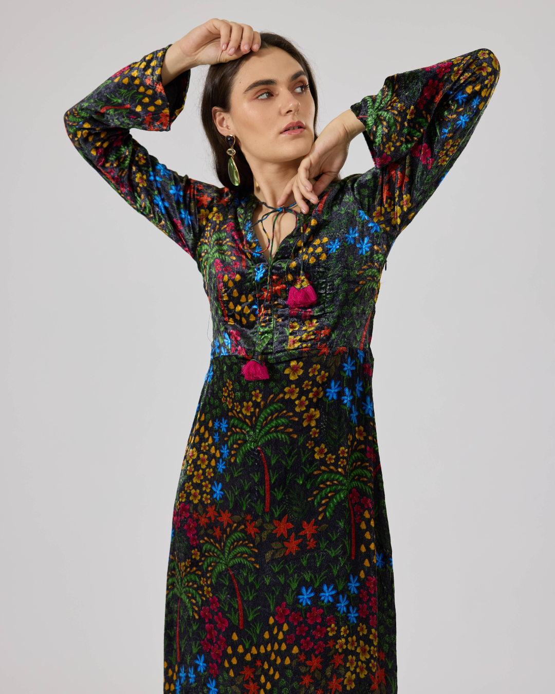 FIONA VELVET LONG SL DRESS FLORIDO